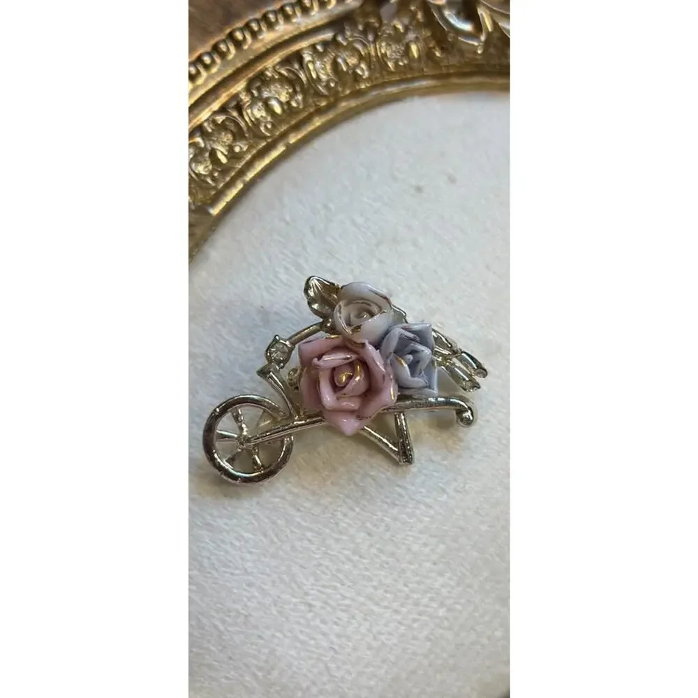 Vintage Cottagecore 90s Wheelbarrow Pin with Gold Leaf Pastel Flowers